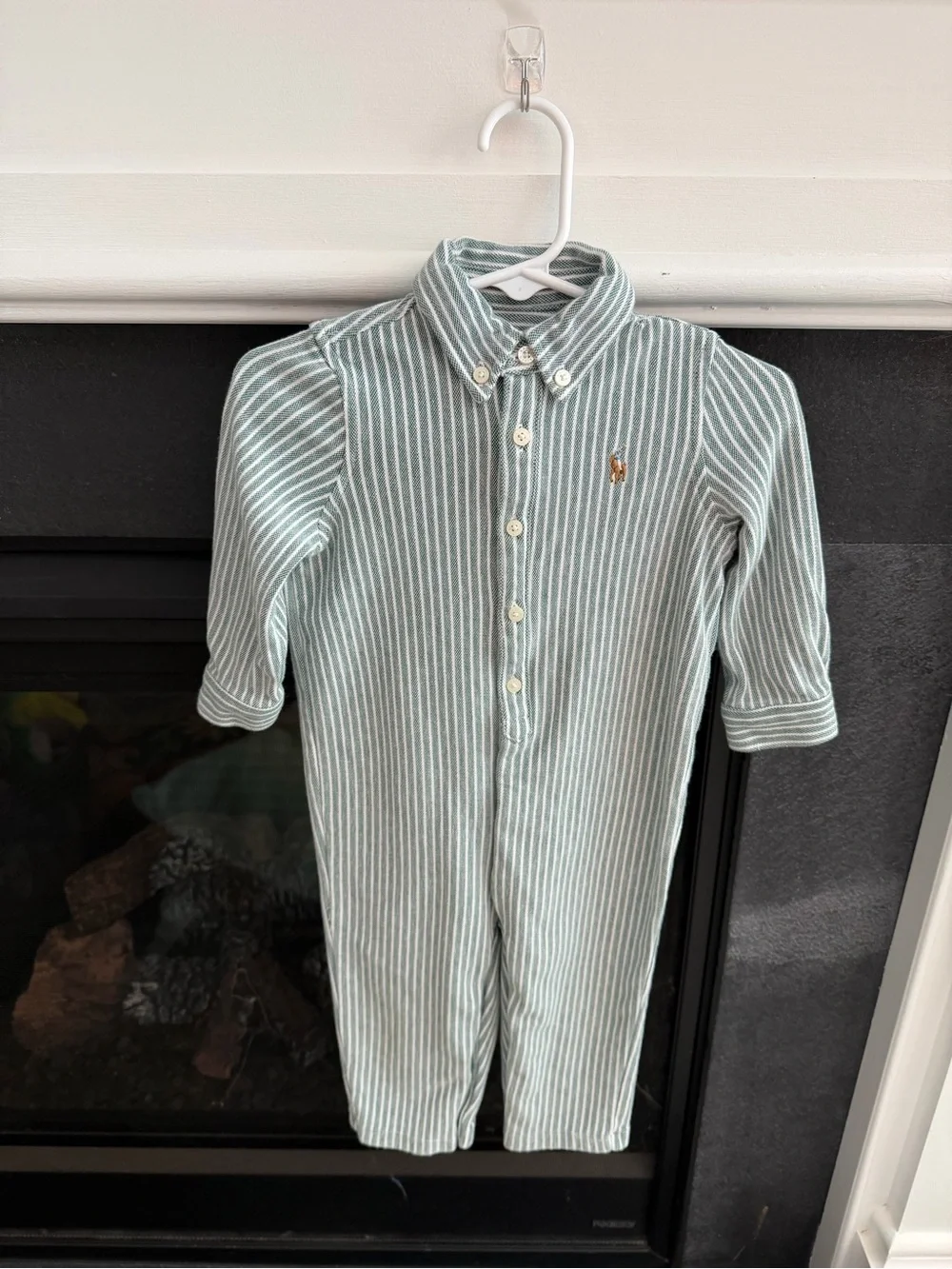 Ralph Lauren Boys Striped Knit Oxford Coverall Green White Size 12 Months